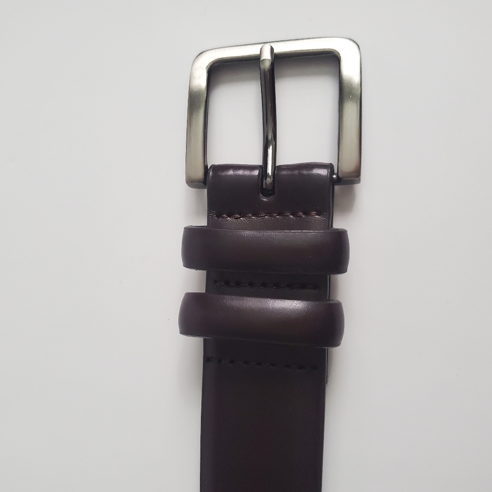 BOSCA Italian Leather Men's Brown Belt Double Keeper Matte Silver Square Buckle
